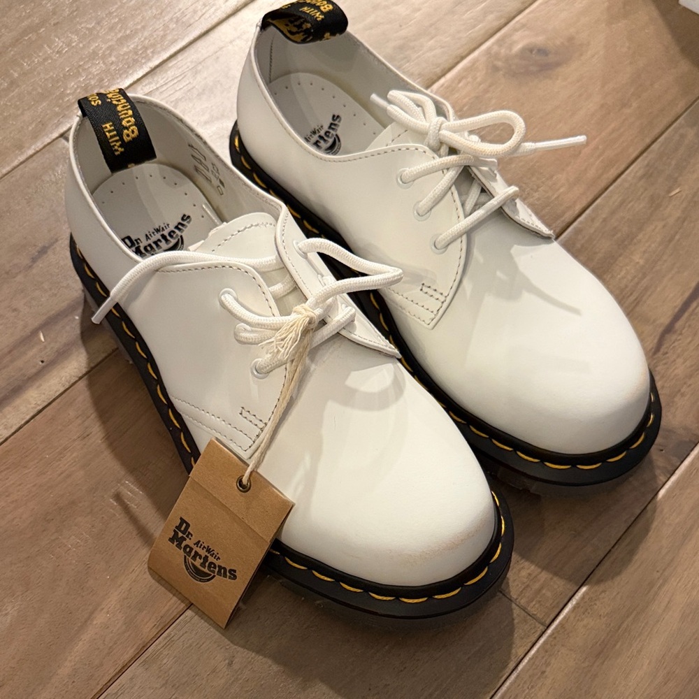 Dr. Martens White Leather Oxfords with Black Soles